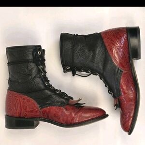 Laredo Black & Red Roper Boots "Kiltie"  Leather Lace-Up Western Boots Ladies 9M